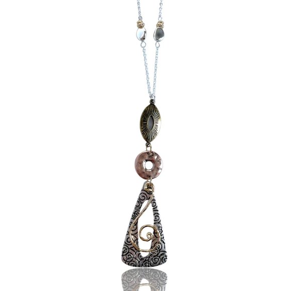 Necklace and Earring Set, Antique Silver, Gold, Copper Tones 24"-26" - Picture 6 of 10